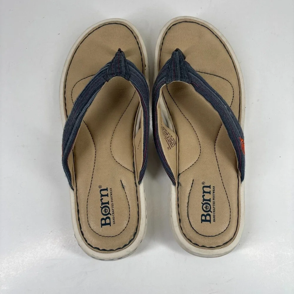 Born‎ Liselotte Women's US 7M Navy Fabric Leather Comfort Slip-On Thong Sandals